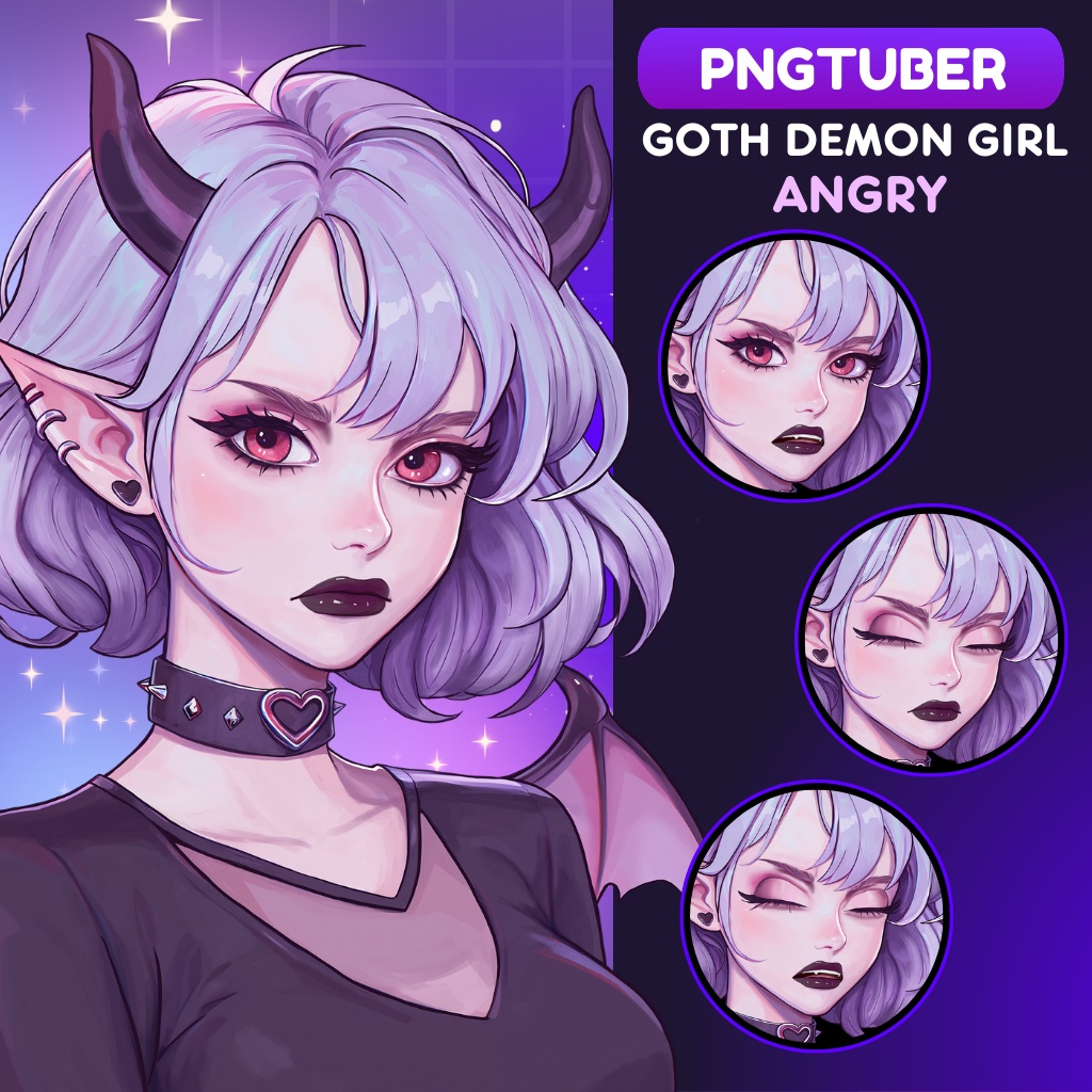 Goth Demon Girl PNGTuber for Twitch, Discord, YouTube Streaming | Veadotube Mini | Vtuber | Halloween Png tuber , Cute OBS Overlay Character