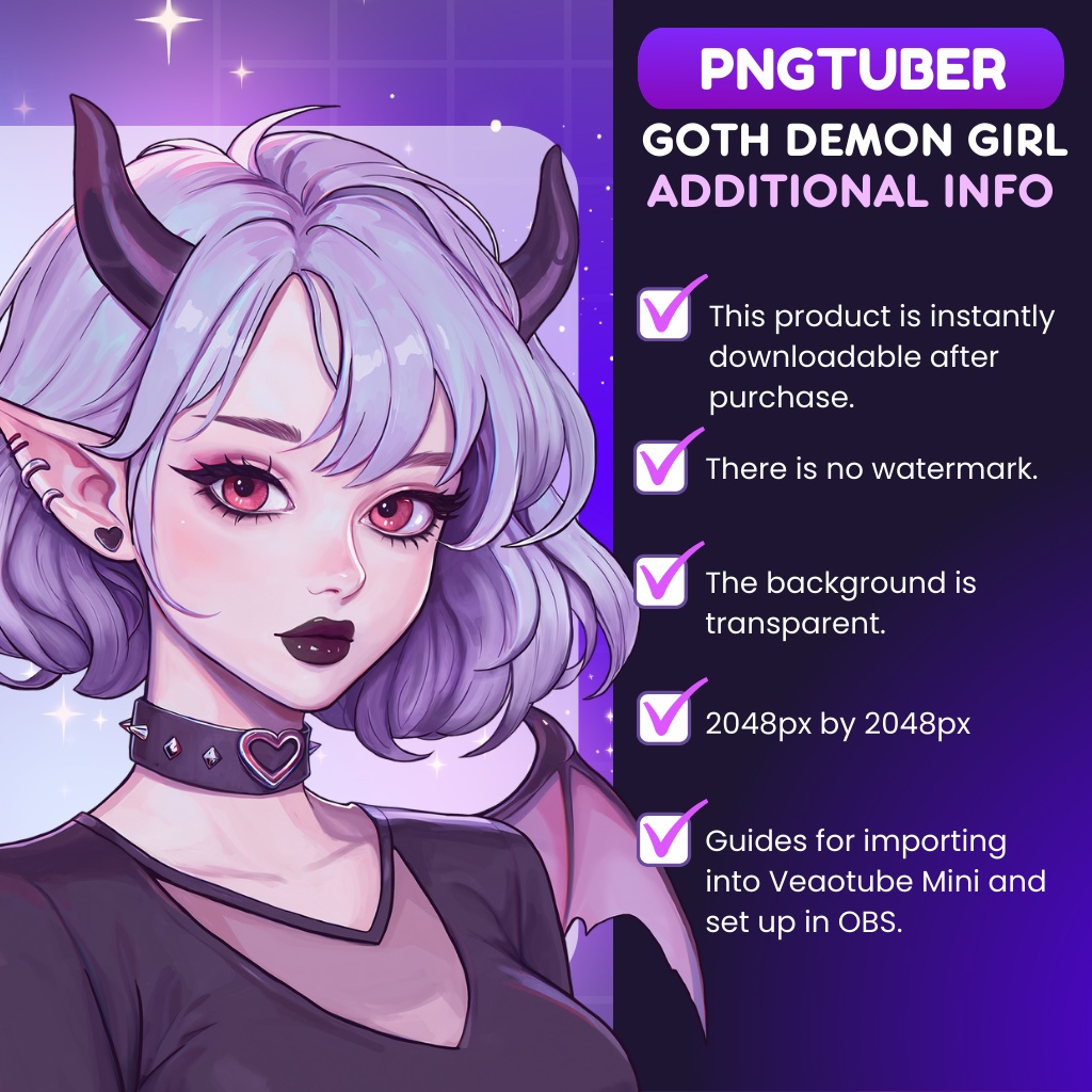 Goth Demon Girl PNGTuber for Twitch, Discord, YouTube Streaming | Veadotube Mini | Vtuber | Halloween Png tuber , Cute OBS Overlay Character