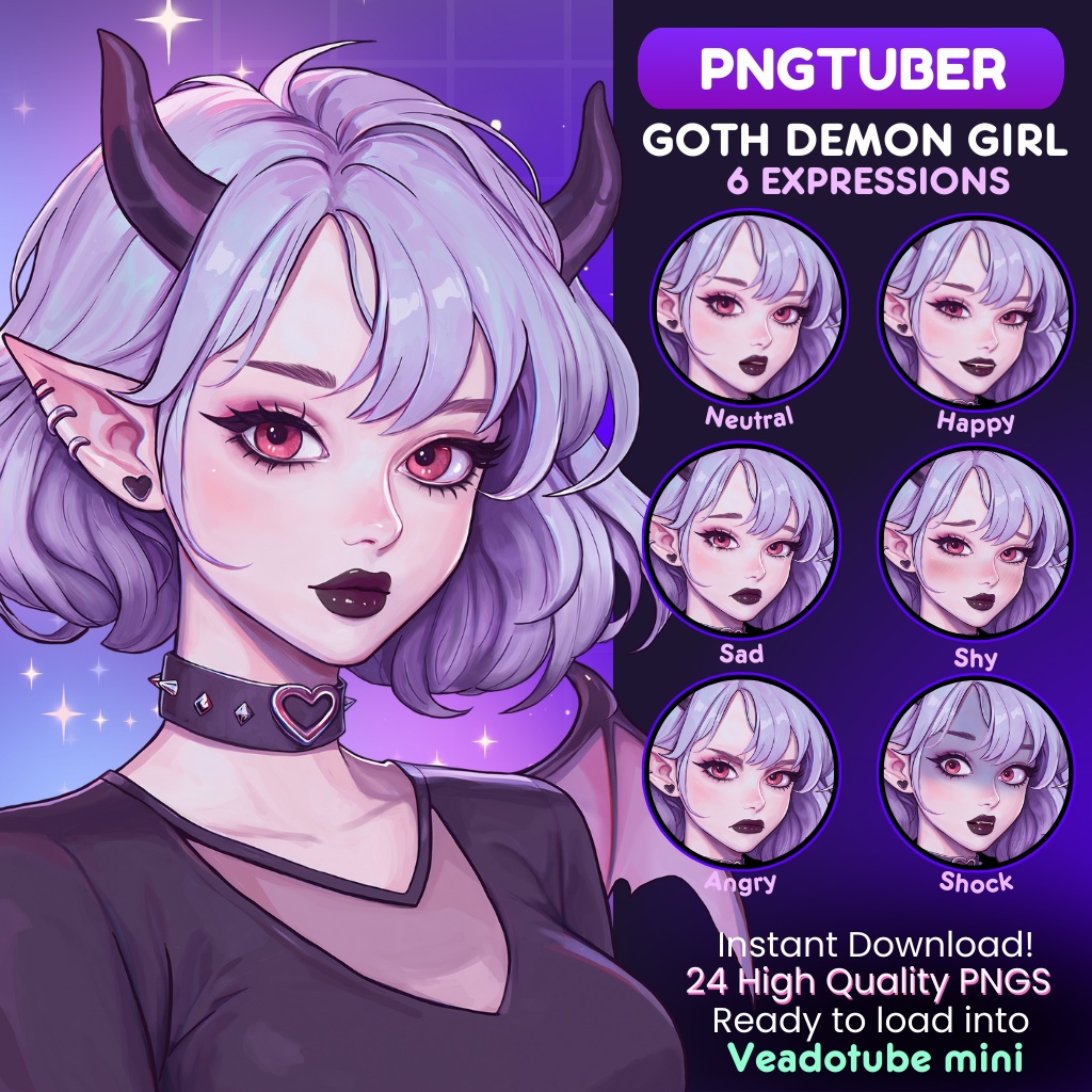 Goth Demon Girl PNGTuber for Twitch, Discord, YouTube Streaming | Veadotube Mini | Vtuber | Halloween Png tuber , Cute OBS Overlay Character