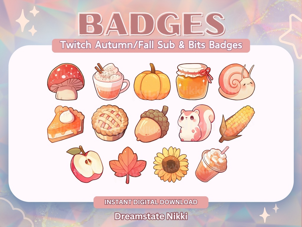 Cozy Autumn Fall Badges, Cottagecore Twitch Sub Bit Badges & Emotes, Point Badges, Live Stream Badges for Twitch, YouTube, Discord, TikTok