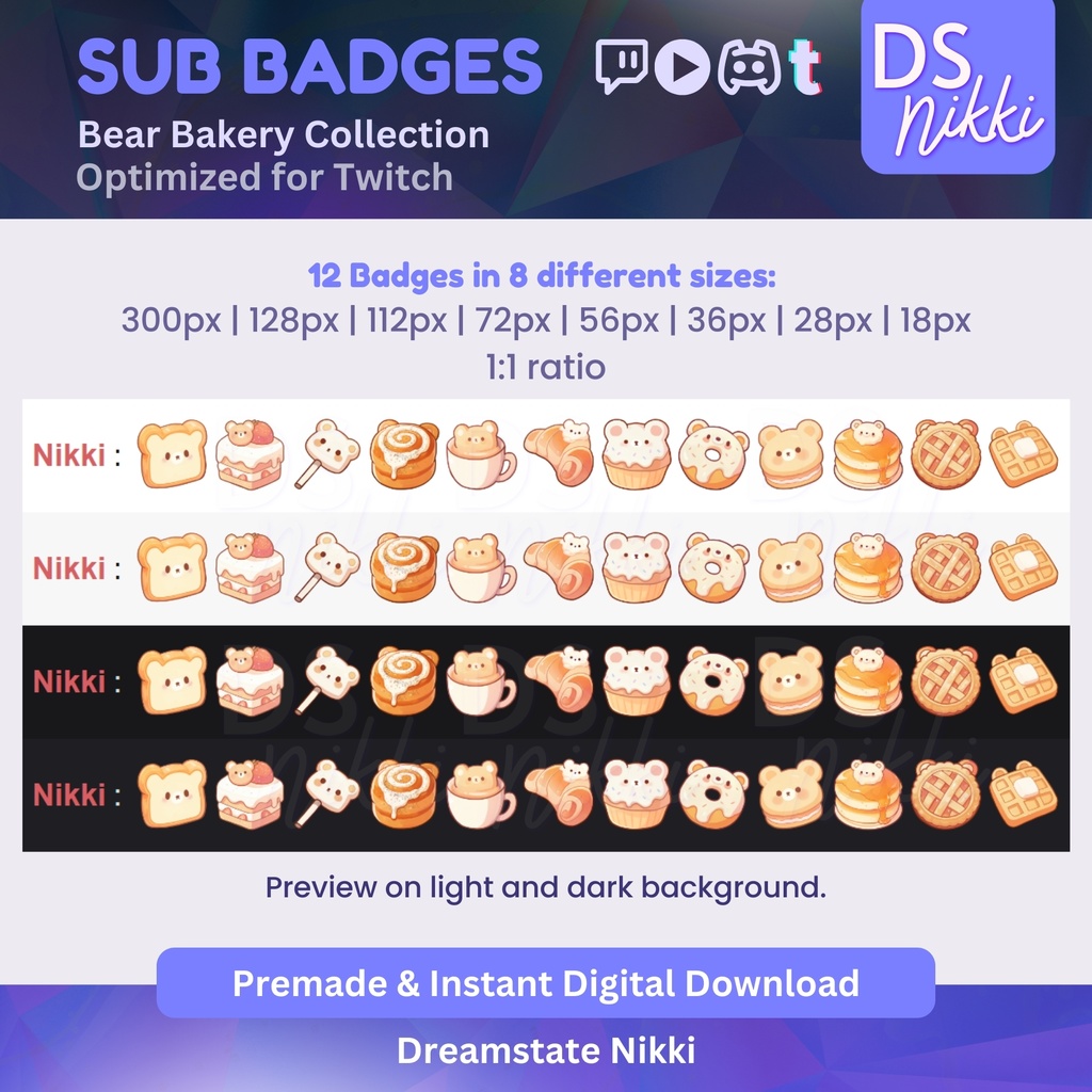 Bear Bakery Badges, Twitch Sub Bit Badges & Emotes, Point Badges, Live Stream Badges for Twitch, YouTube, Discord, TikTok, Kawaii, Cute