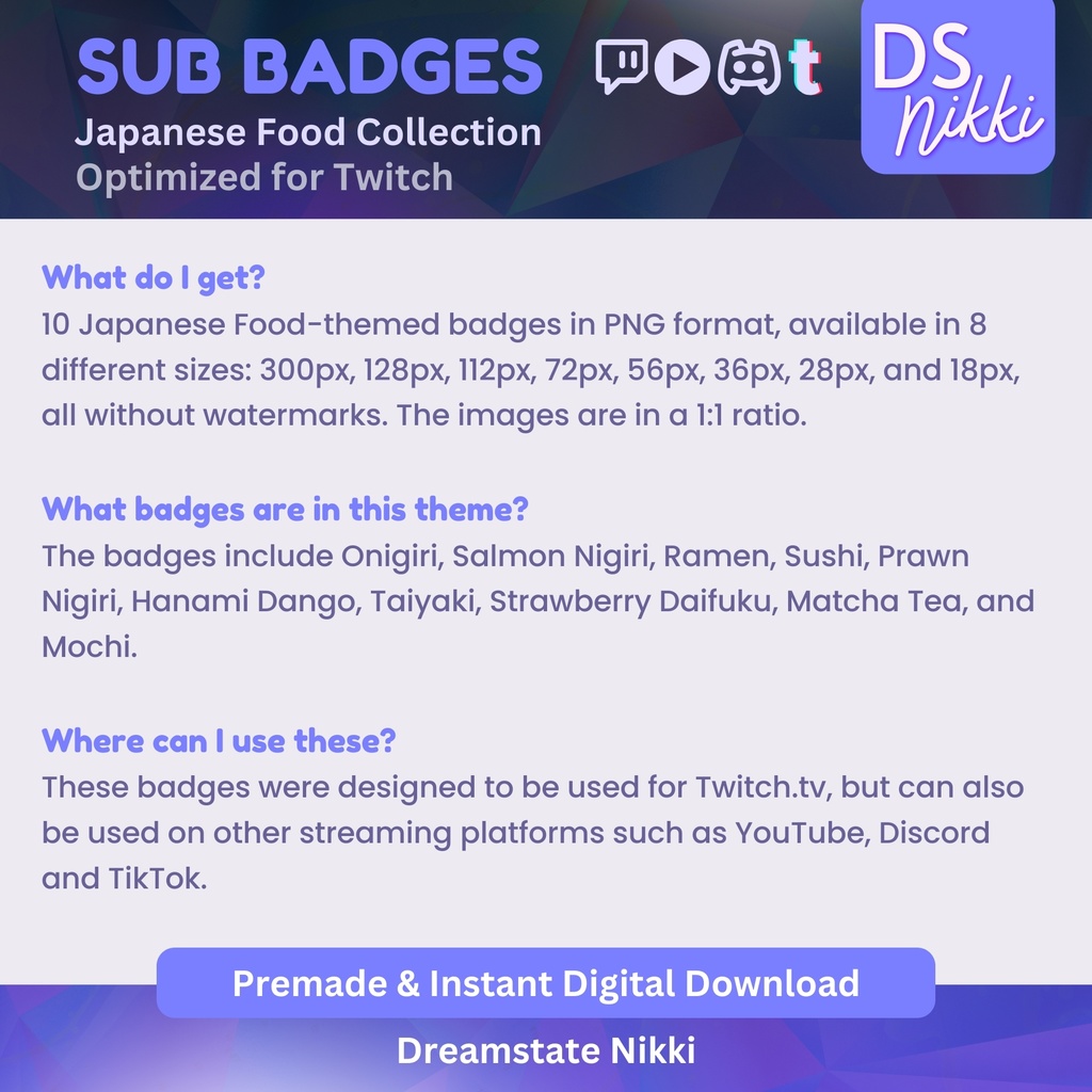Japanese Food Badges, Twitch Sub Bit Badges & Emotes, Point Badges, Live Stream Badges for Twitch, YouTube, Discord, TikTok, Kawaii, Cute
