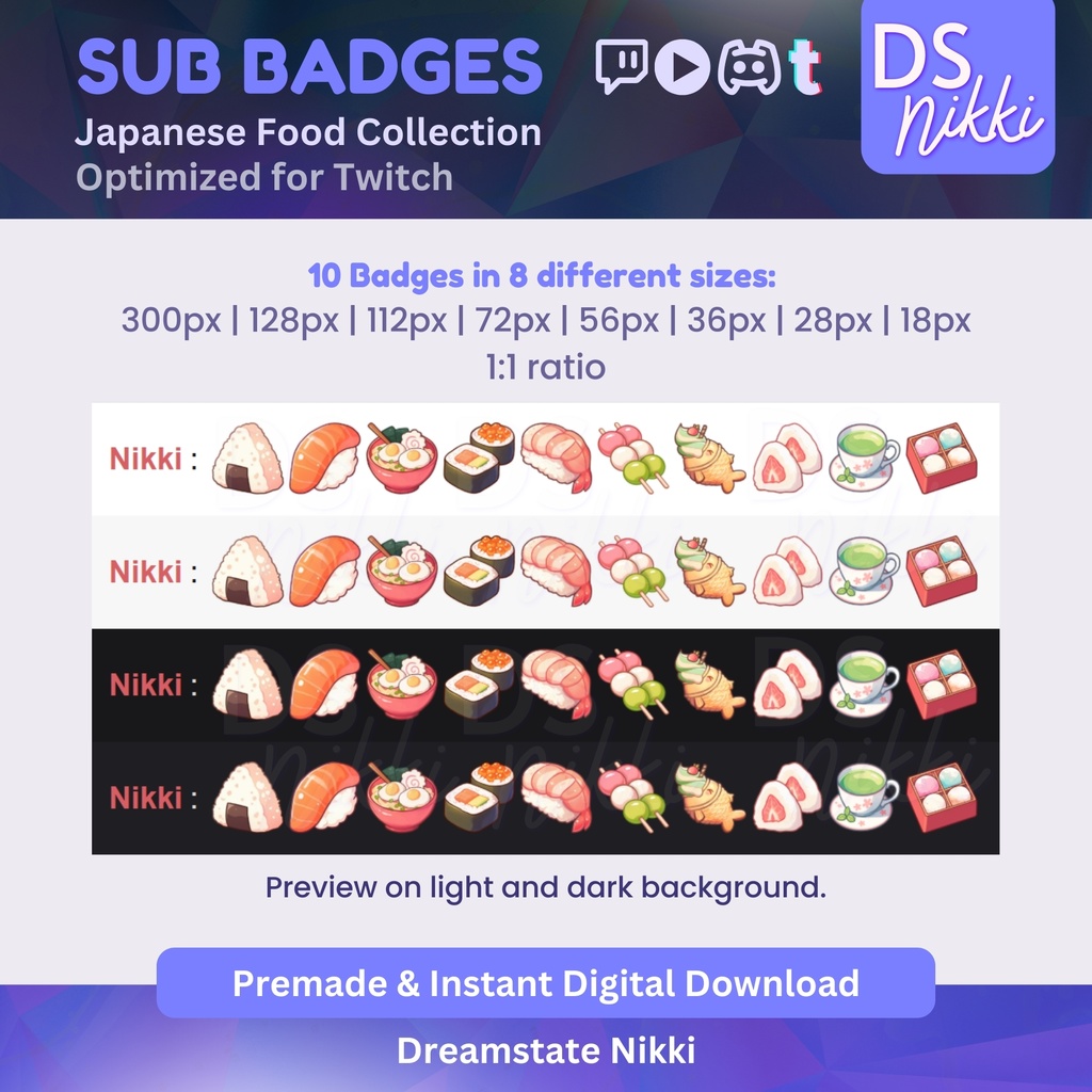 Japanese Food Badges, Twitch Sub Bit Badges & Emotes, Point Badges, Live Stream Badges for Twitch, YouTube, Discord, TikTok, Kawaii, Cute