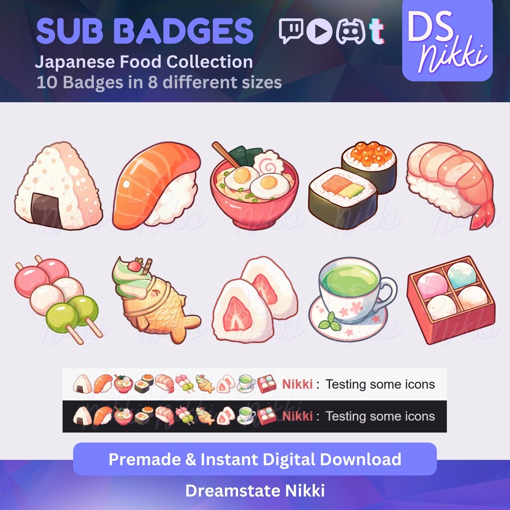 Japanese Food Badges, Twitch Sub Bit Badges & Emotes, Point Badges, Live Stream Badges for Twitch, YouTube, Discord, TikTok, Kawaii, Cute