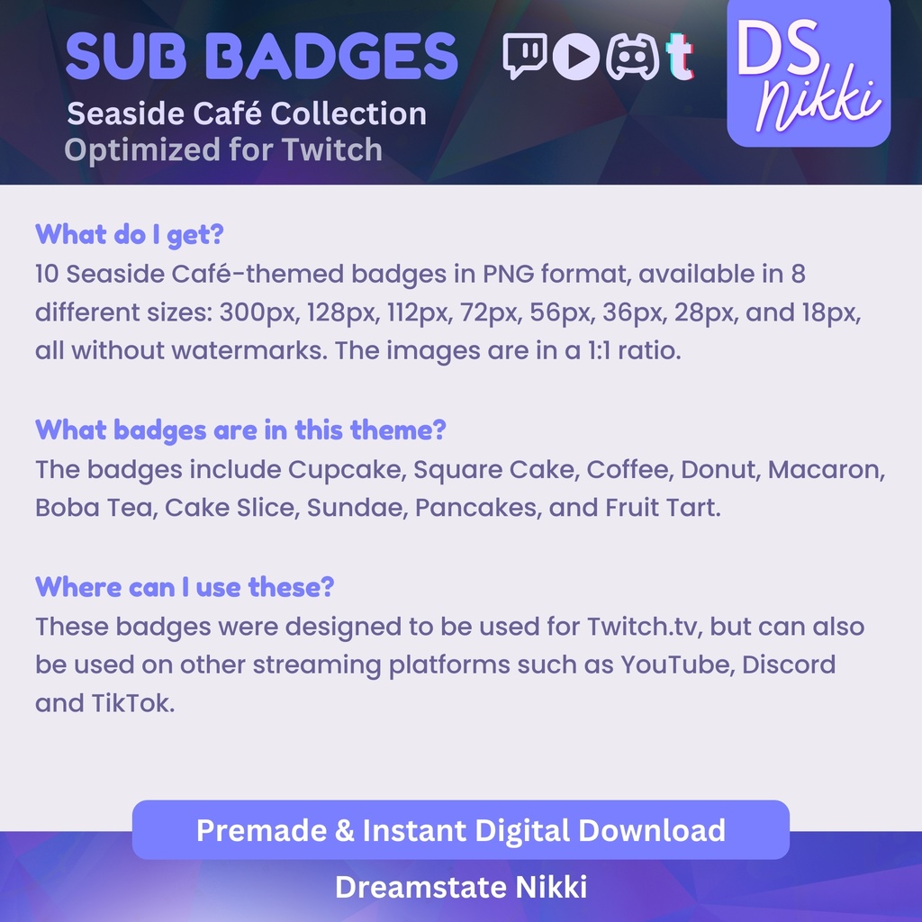 Seaside Cafe Badges, Twitch Sub Bit Badges & Emotes, Point Badges, Live Stream Badges for Twitch, YouTube, Discord, TikTok, Kawaii, Cute