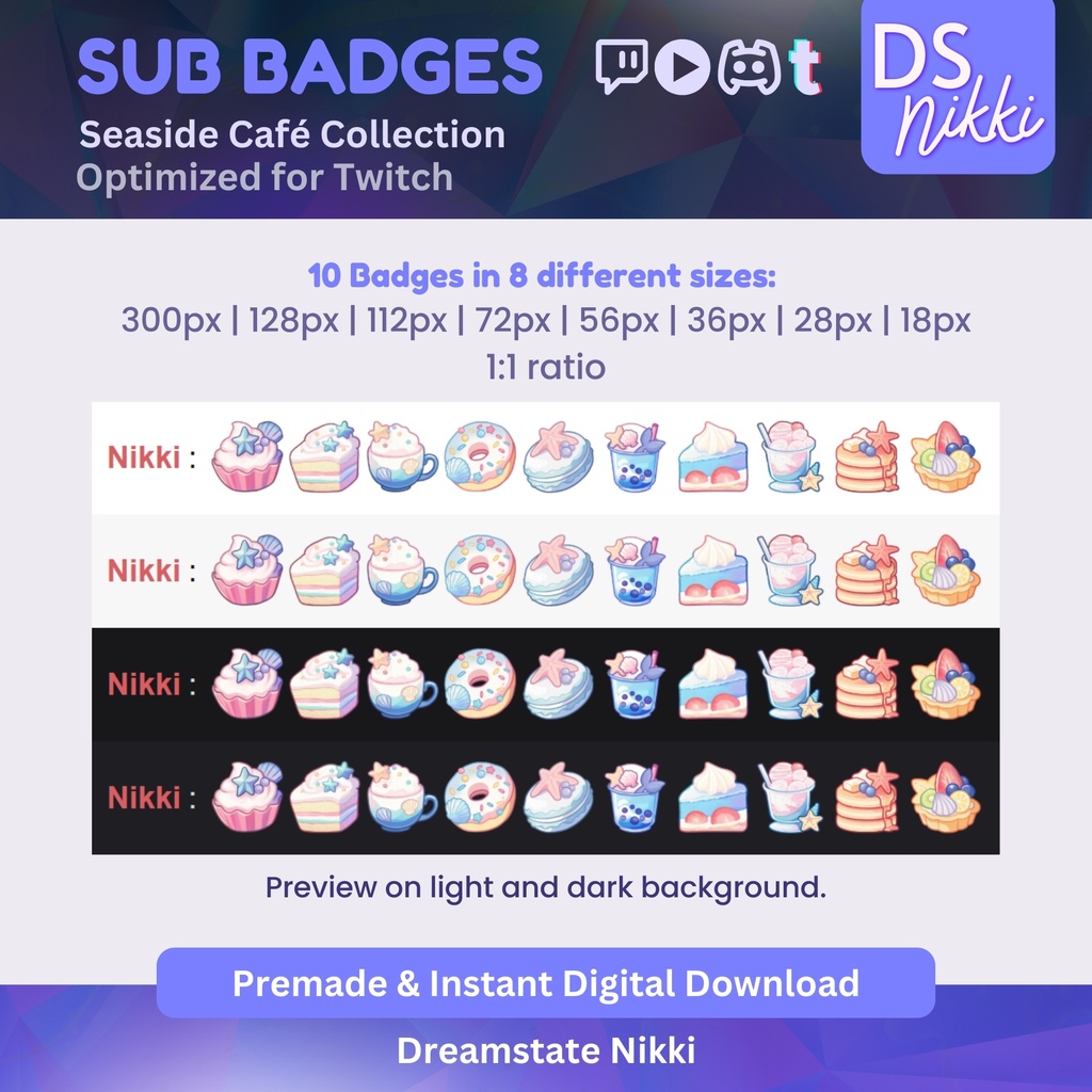 Seaside Cafe Badges, Twitch Sub Bit Badges & Emotes, Point Badges, Live Stream Badges for Twitch, YouTube, Discord, TikTok, Kawaii, Cute