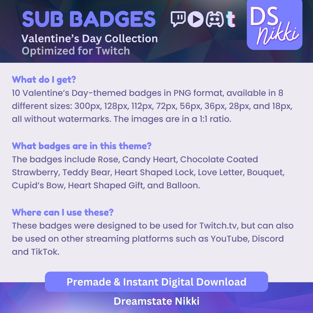 Valentine's Day Badges, Twitch Sub Bit Badges & Emotes, Point Badges, Live Stream Badges for Twitch, YouTube, Discord, TikTok, Kawaii, Cute