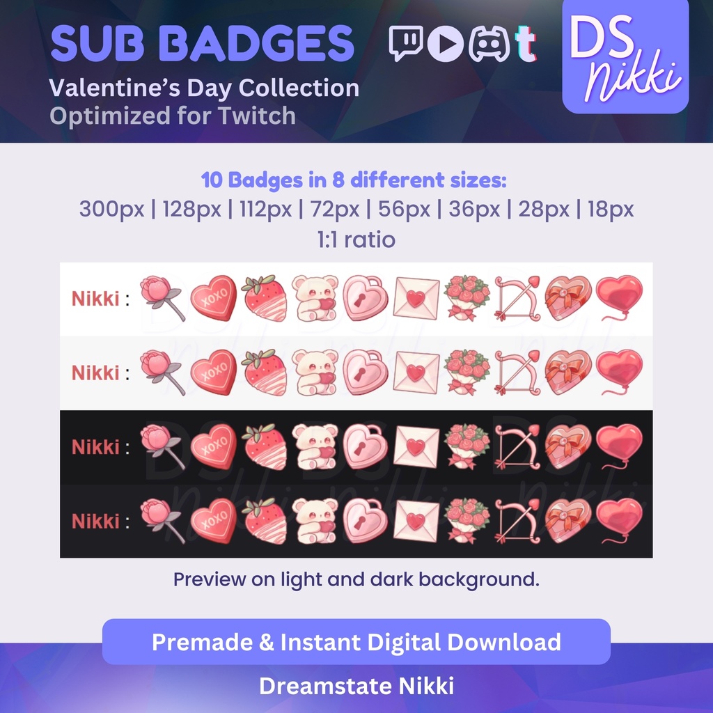 Valentine's Day Badges, Twitch Sub Bit Badges & Emotes, Point Badges, Live Stream Badges for Twitch, YouTube, Discord, TikTok, Kawaii, Cute