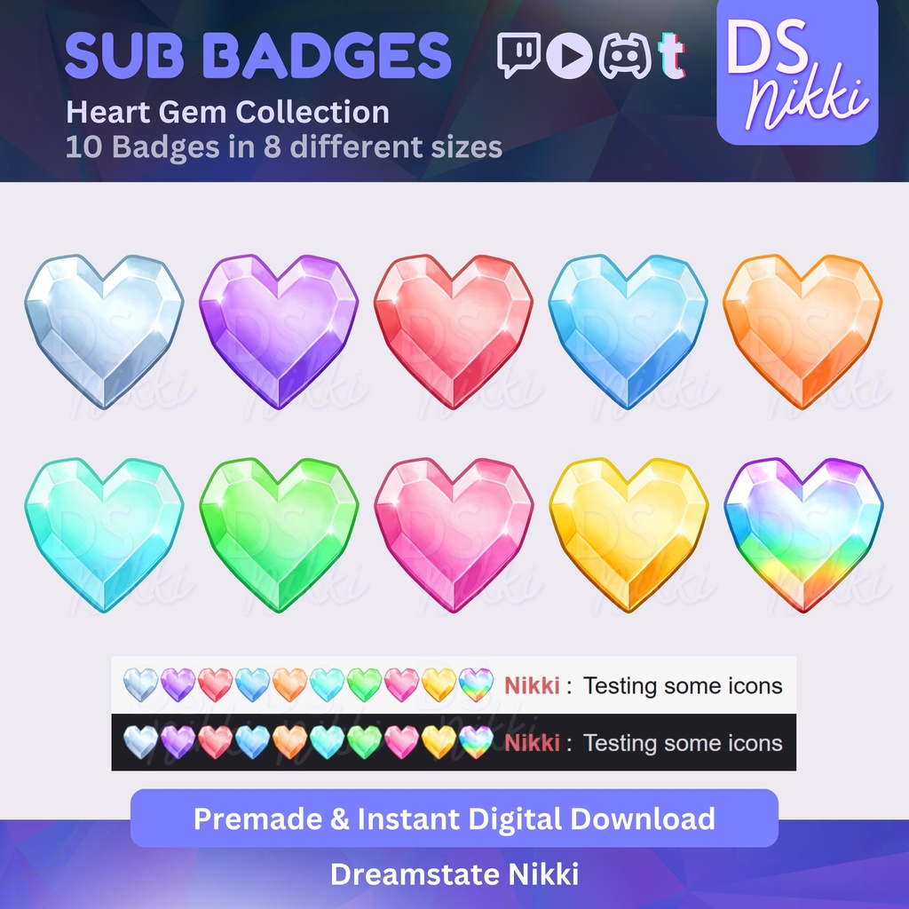Crystal Heart Gem Badges, Twitch Sub Bit Badges & Emotes, Point Badges, Live Stream Badges for Twitch, YouTube, Discord, TikTok, Shiny