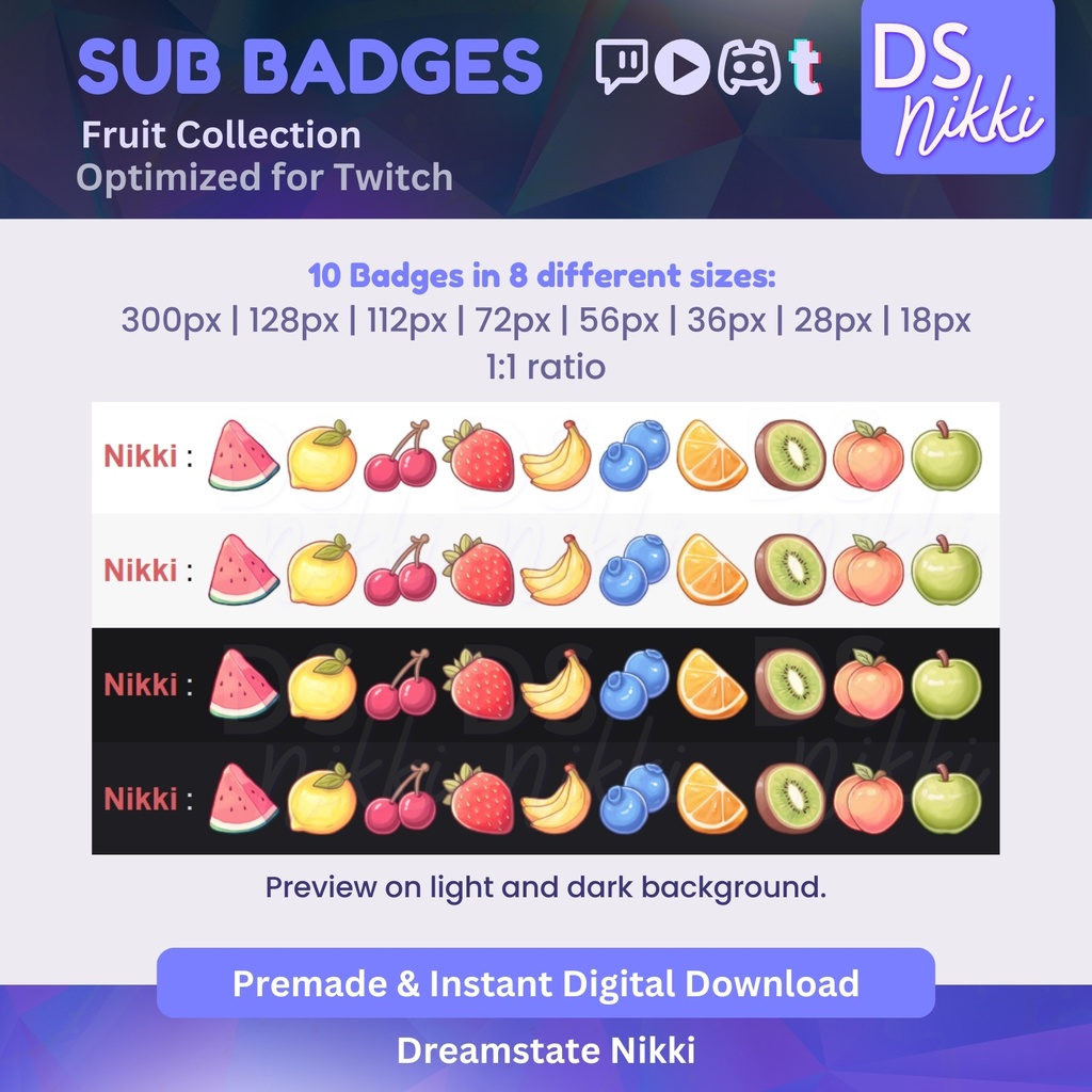 Kawaii Fruit Badges, Twitch Sub Bit Badges & Emotes, Point Badges, Live Stream Badges for Twitch, YouTube, Discord, TikTok, Cozy, Cute