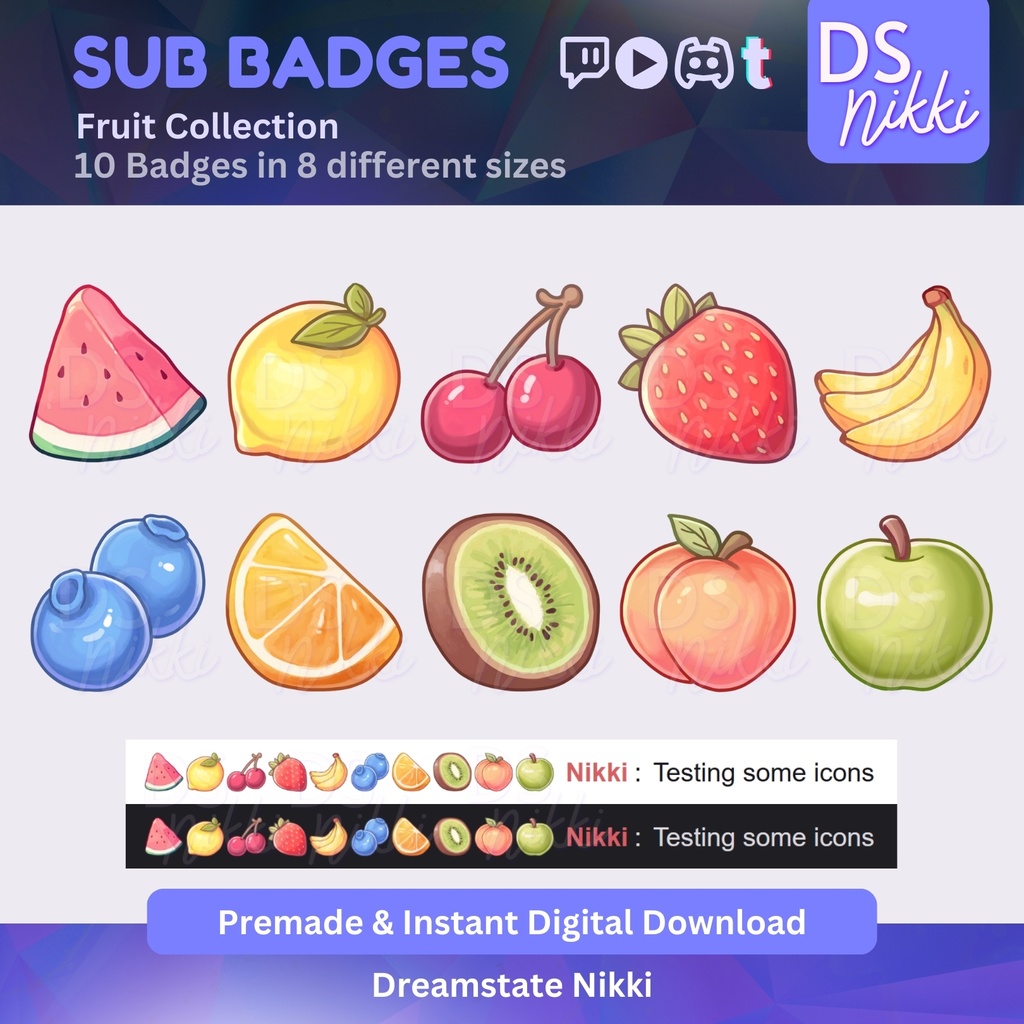 Kawaii Fruit Badges, Twitch Sub Bit Badges & Emotes, Point Badges, Live Stream Badges for Twitch, YouTube, Discord, TikTok, Cozy, Cute