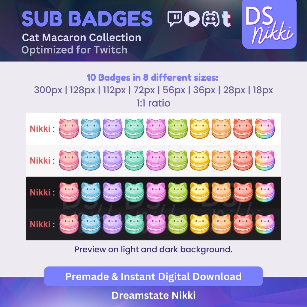 Kawaii Cat Macaron Badges, Twitch Sub Bit Badges & Emotes, Point Badges, Live Stream Badges for Twitch, YouTube, Discord, TikTok, Cute