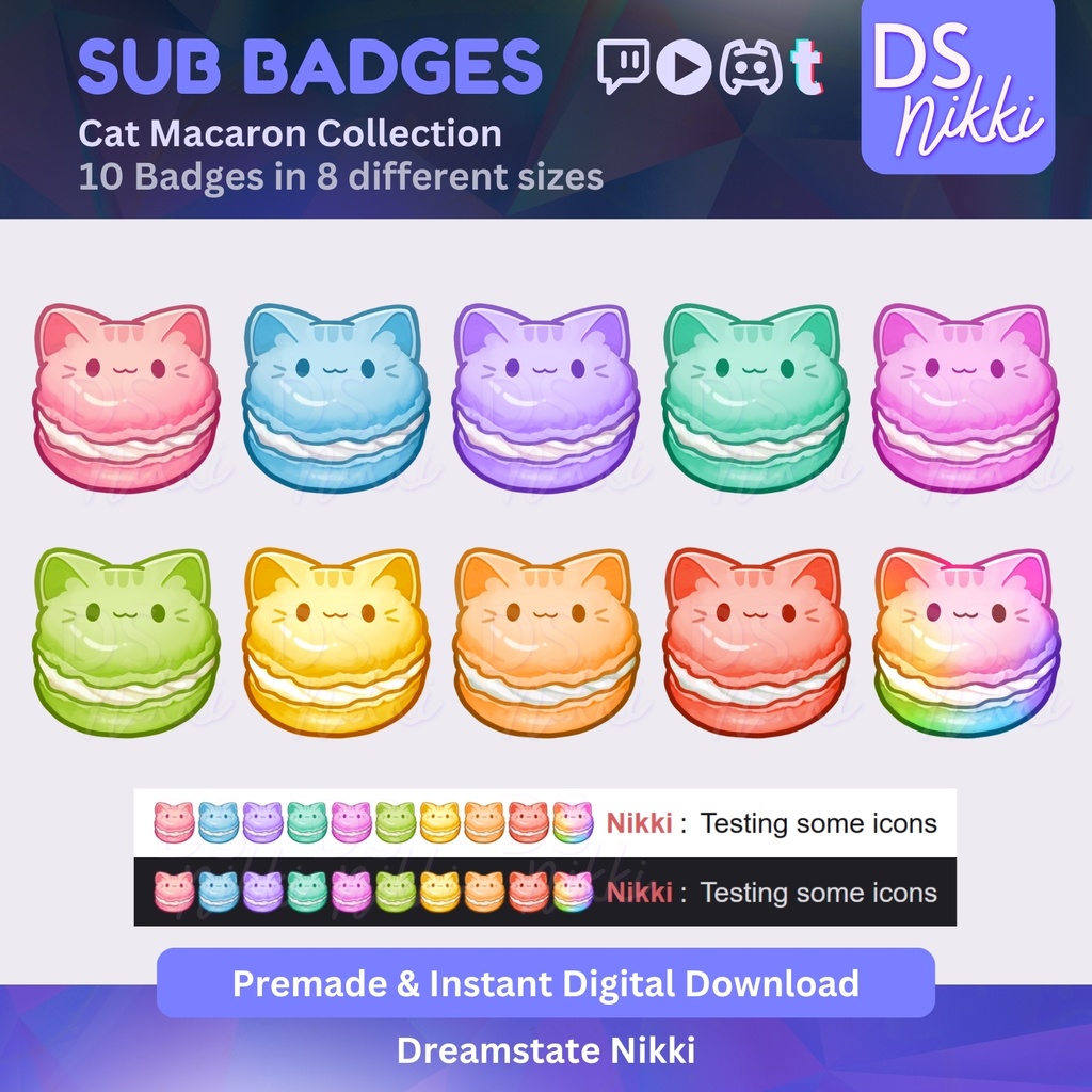 Kawaii Cat Macaron Badges, Twitch Sub Bit Badges & Emotes, Point Badges, Live Stream Badges for Twitch, YouTube, Discord, TikTok, Cute