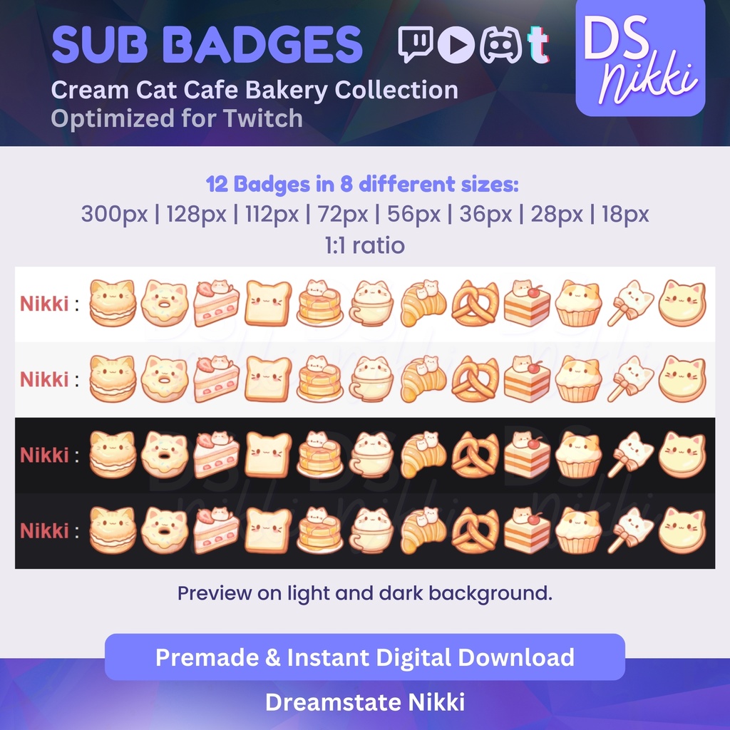 Cream Kawaii Cat Cafe Bakery Twitch Badges | Cute Pastel Sub Bit Badges & Emotes for Twitch YouTube Discord TikTok Streamers