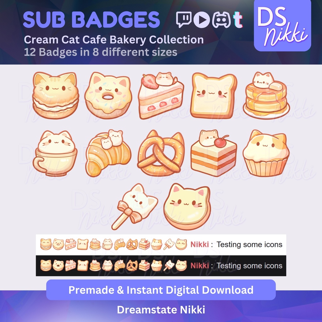 Cream Kawaii Cat Cafe Bakery Twitch Badges | Cute Pastel Sub Bit Badges & Emotes for Twitch YouTube Discord TikTok Streamers