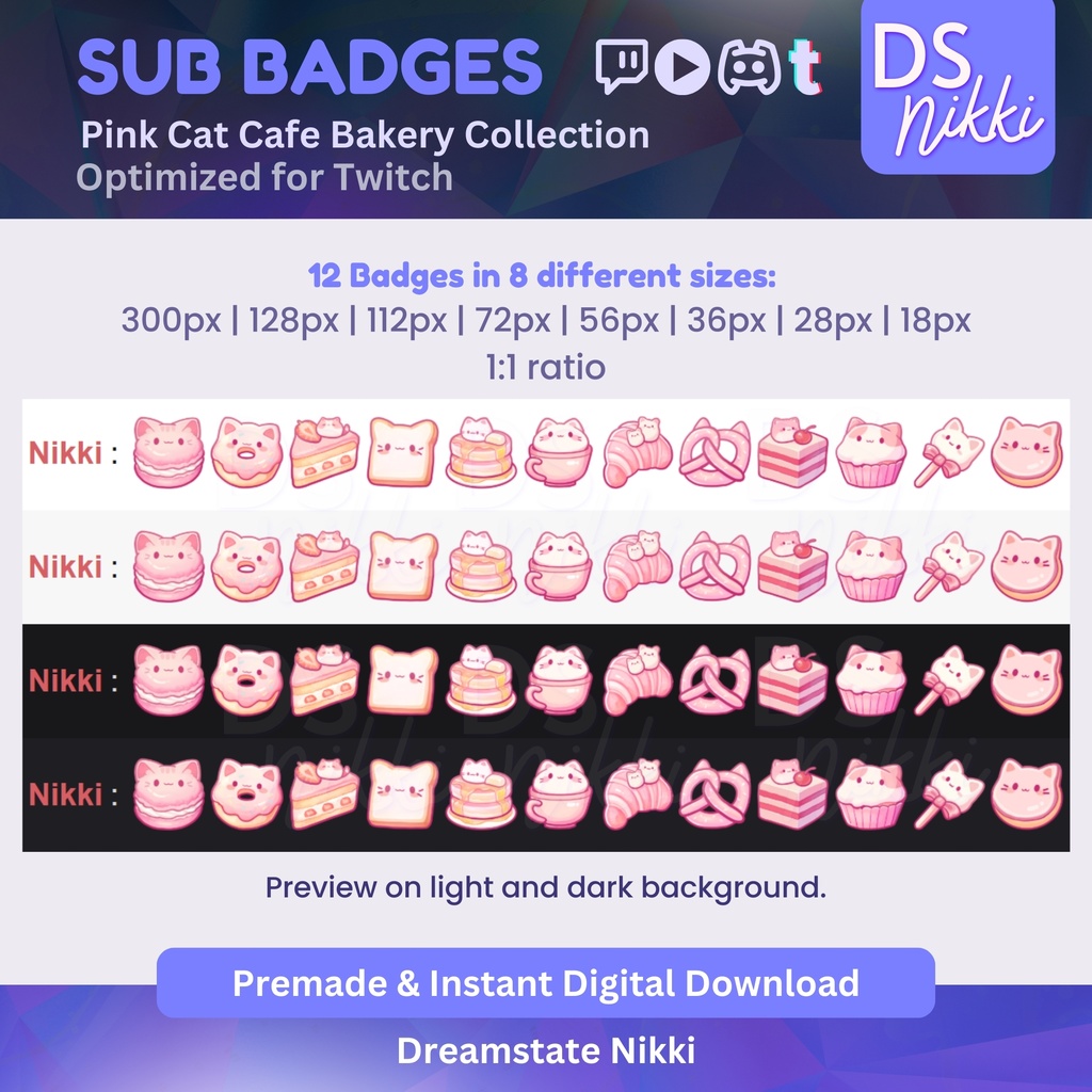 Pink Kawaii Cat Cafe Bakery Twitch Badges | Cute Pastel Sub Bit Badges & Emotes for Twitch YouTube Discord TikTok Streamers