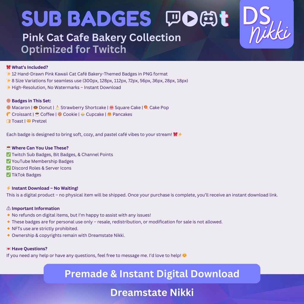 Pink Kawaii Cat Cafe Bakery Twitch Badges | Cute Pastel Sub Bit Badges & Emotes for Twitch YouTube Discord TikTok Streamers