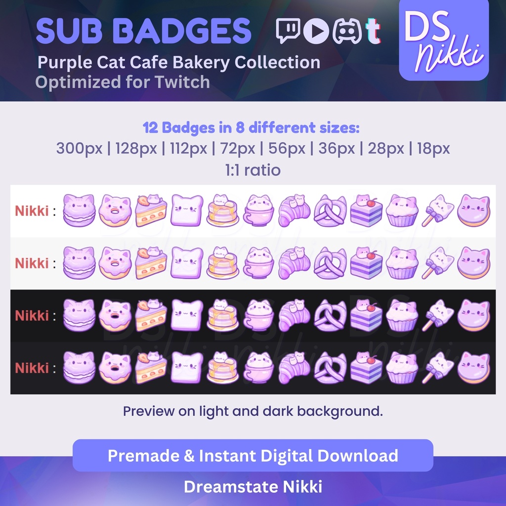 Purple Kawaii Cat Cafe Bakery Twitch Badges | Cute Pastel Sub Bit Badges & Emotes for Twitch YouTube Discord TikTok Streamers