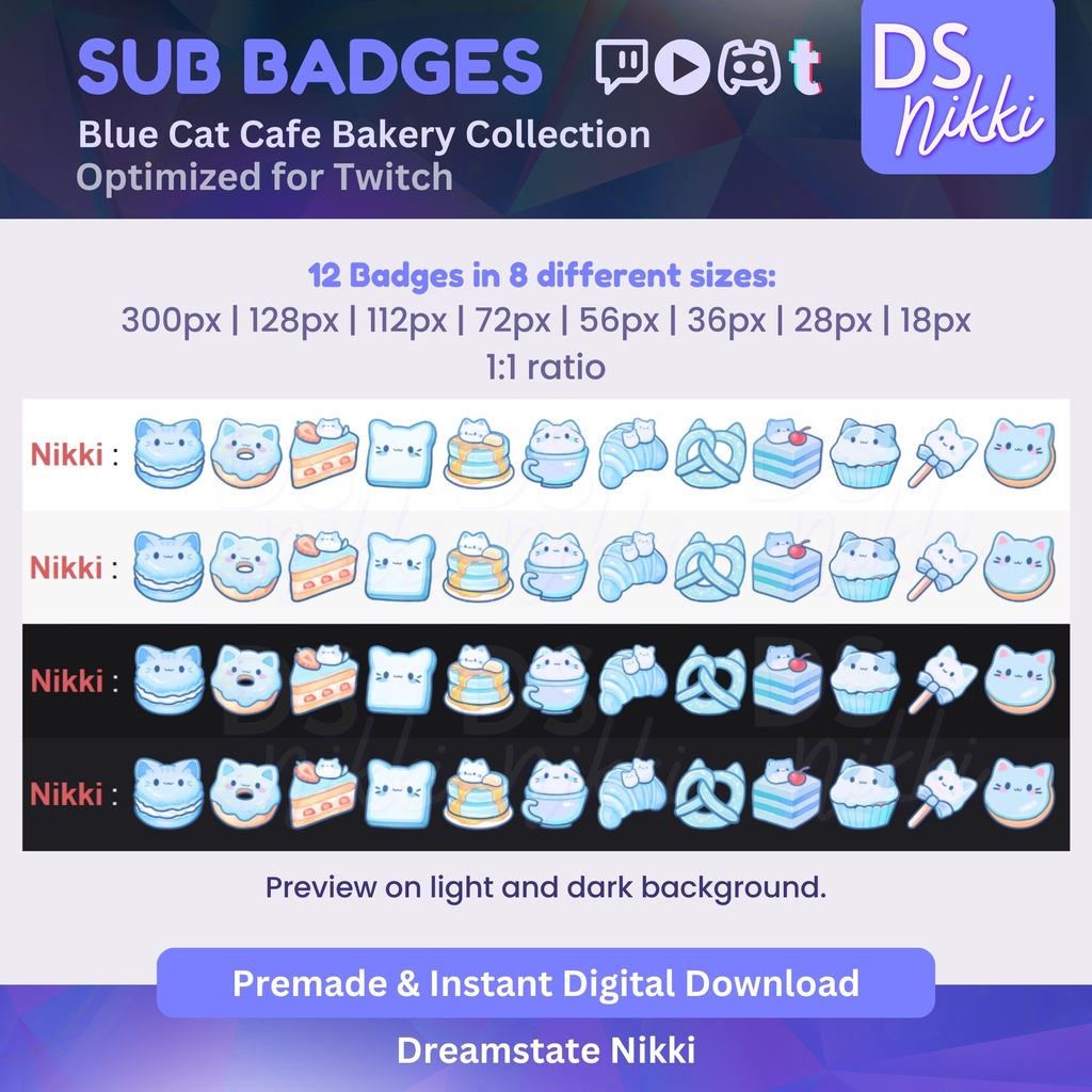 Blue Kawaii Cat Cafe Bakery Twitch Badges | Cute Pastel Sub Bit Badges & Emotes for Twitch YouTube Discord TikTok Streamers