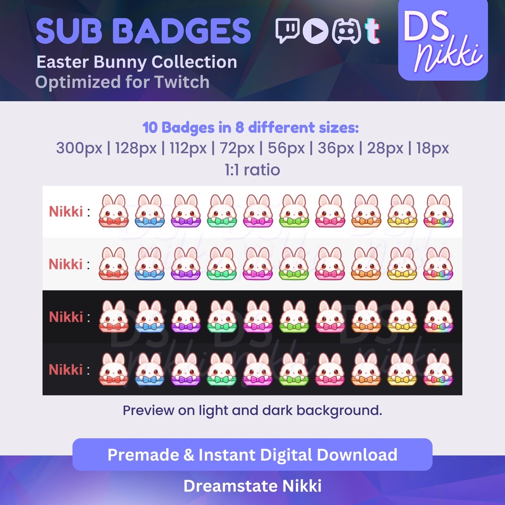 Kawaii Easter Bunny Twitch Badges | Cute Sub Bit Badges for Twitch YouTube Discord TikTok