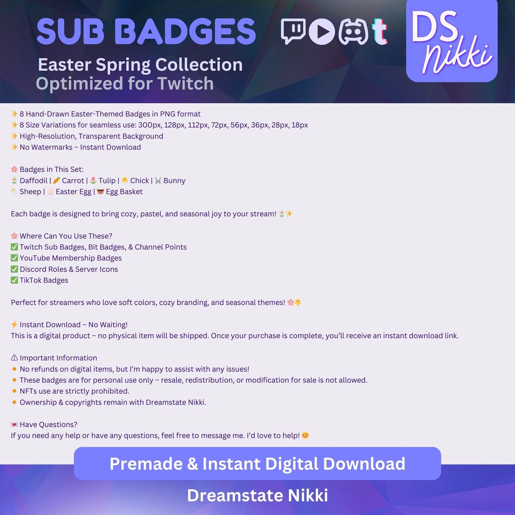 Kawaii Easter Spring Themed Twitch Badges | Cute Sub Bit Badges for Twitch YouTube Discord TikTok