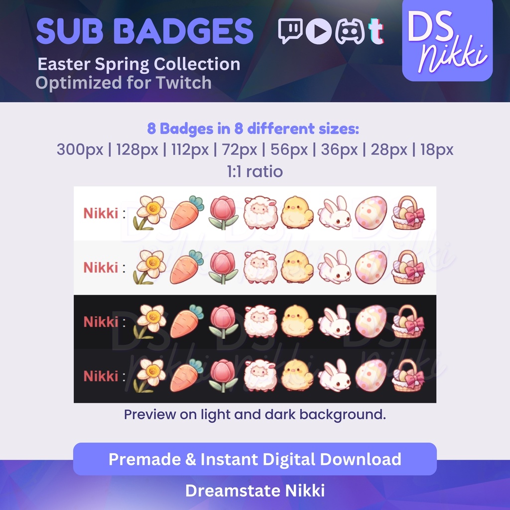 Kawaii Easter Spring Themed Twitch Badges | Cute Sub Bit Badges for Twitch YouTube Discord TikTok