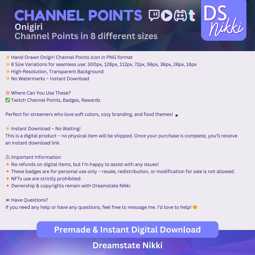 Onigiri Twitch Channel Points Icon – Japanese Food Badge for Twitch, YouTube, Discord, TikTok – Kawaii Stream Reward Icon