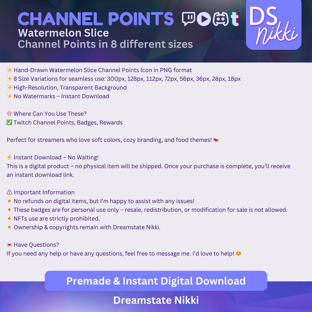 Watermelon Slice Twitch Channel Points Icon – Cozy Fruit Badge for Twitch, YouTube, Discord, TikTok – Kawaii Stream Reward Icon