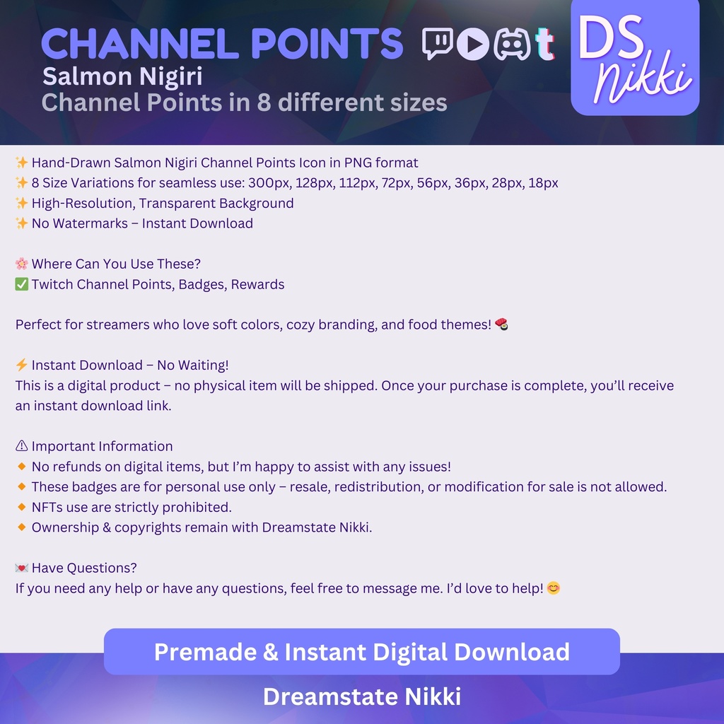 Salmon Nigiri Twitch Channel Points Icon – Japanese Food Badge for Twitch, YouTube, Discord, TikTok – Kawaii Stream Reward Icon