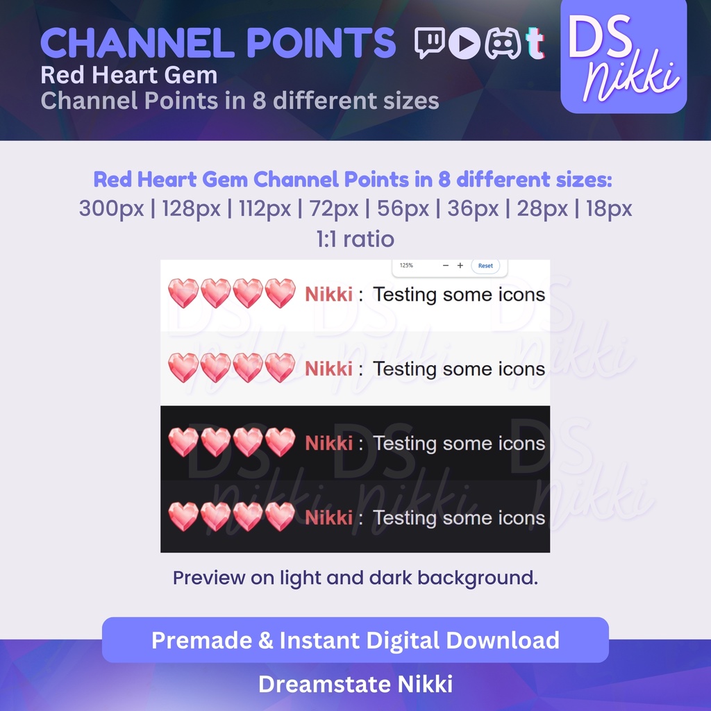 Red Heart Gem Twitch Channel Points Icon – Shiny Diamond Gem Badge for Twitch, YouTube, Discord, TikTok – Kawaii Stream Reward Icon