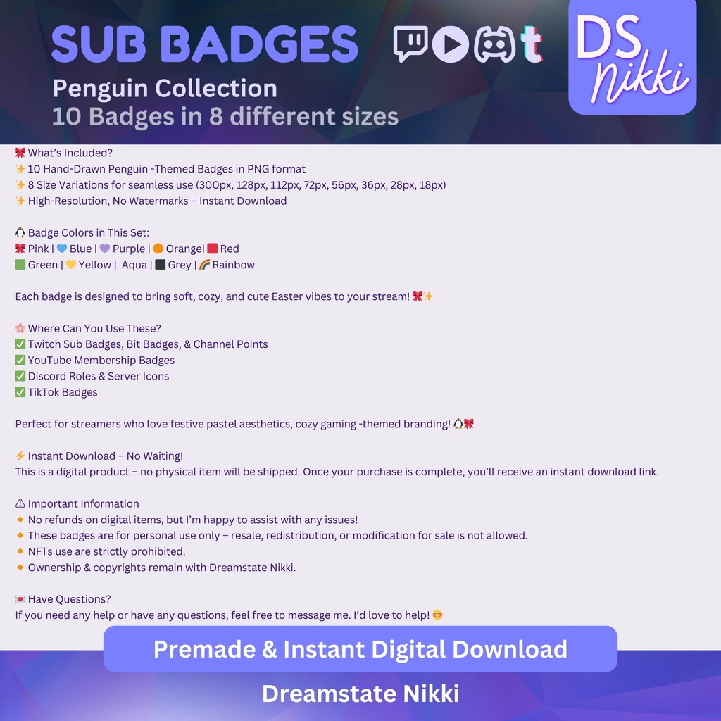 Kawaii Penguin Twitch Badges | Cute Animal Sub Bit Badges for Twitch YouTube Discord TikTok