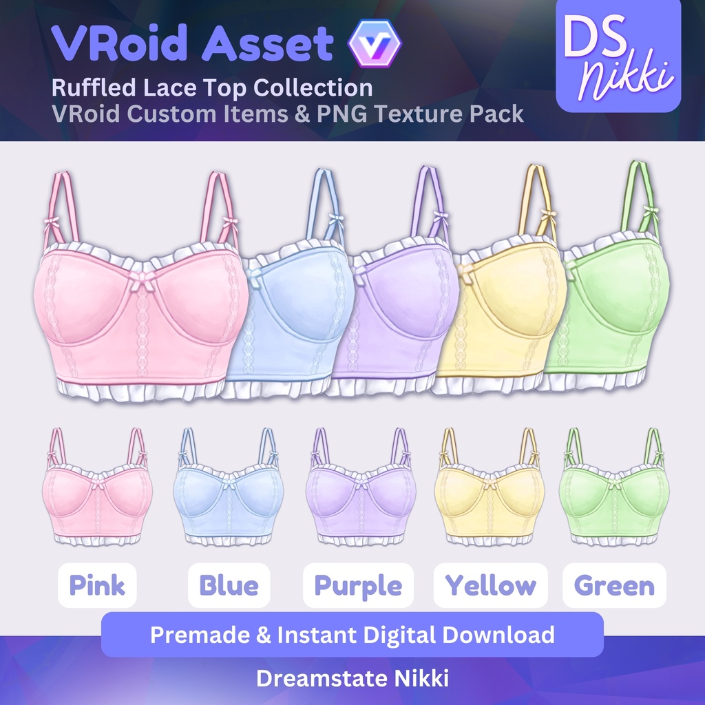 VRoid Studio Outfit – Stylish Ruffled Lace Top Set, VRoid Custom Items & PNG Textures Pack, VTuber Clothes, Digital Asset