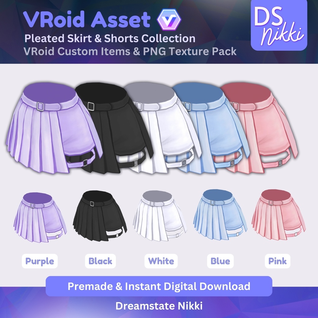 VRoid Studio Outfit – Stylish Pleated Skirt with Shorts Set, VRoid Custom Items & PNG Textures Pack, VTuber Clothes, Digital Asset