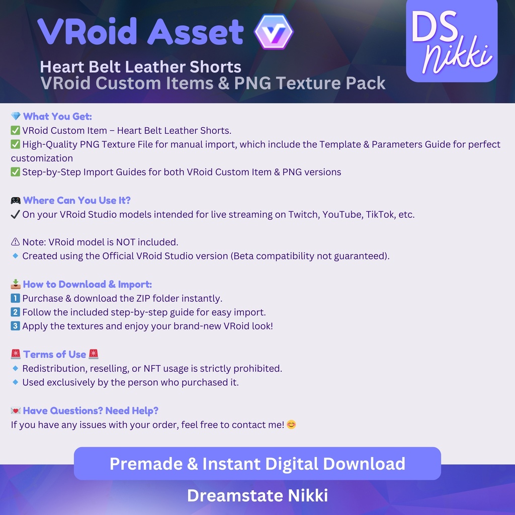 VRoid Studio Outfit – Stylish Heart Belt Leather Shorts, VRoid Custom Items & PNG Textures Pack, VTuber Clothes, Digital Asset