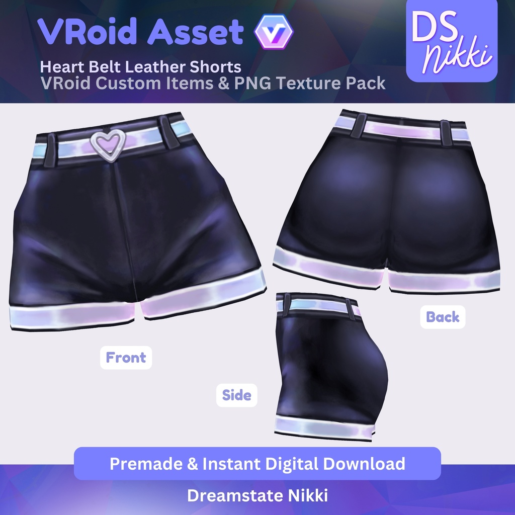 VRoid Studio Outfit – Stylish Heart Belt Leather Shorts, VRoid Custom Items & PNG Textures Pack, VTuber Clothes, Digital Asset