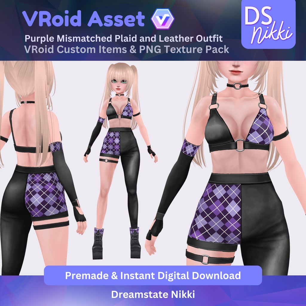 VRoid Studio Outfit – Purple Mismatched Plaid and Leather Outfit, VRoid Custom Items & PNG Textures Pack, VTuber Clothes, Digital Asset