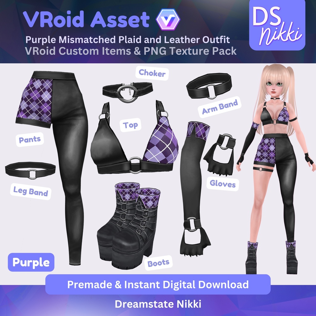 VRoid Studio Outfit – Purple Mismatched Plaid and Leather Outfit, VRoid Custom Items & PNG Textures Pack, VTuber Clothes, Digital Asset