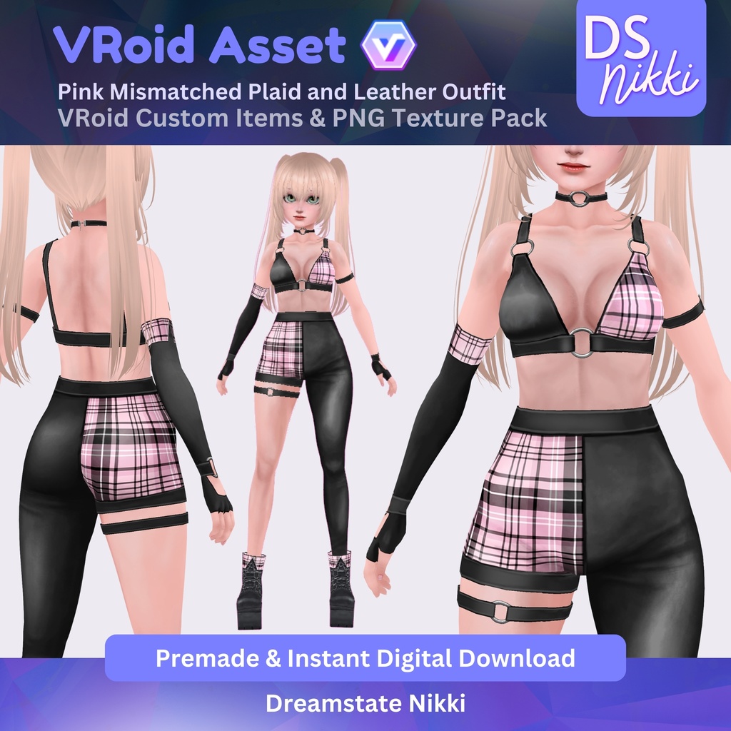 VRoid Studio Outfit – Pink Mismatched Plaid and Leather Outfit, VRoid Custom Items & PNG Textures Pack, VTuber Clothes, Digital Asset