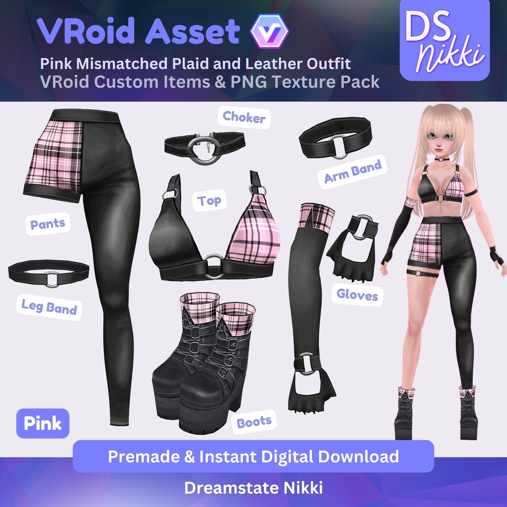 VRoid Studio Outfit – Pink Mismatched Plaid and Leather Outfit, VRoid Custom Items & PNG Textures Pack, VTuber Clothes, Digital Asset