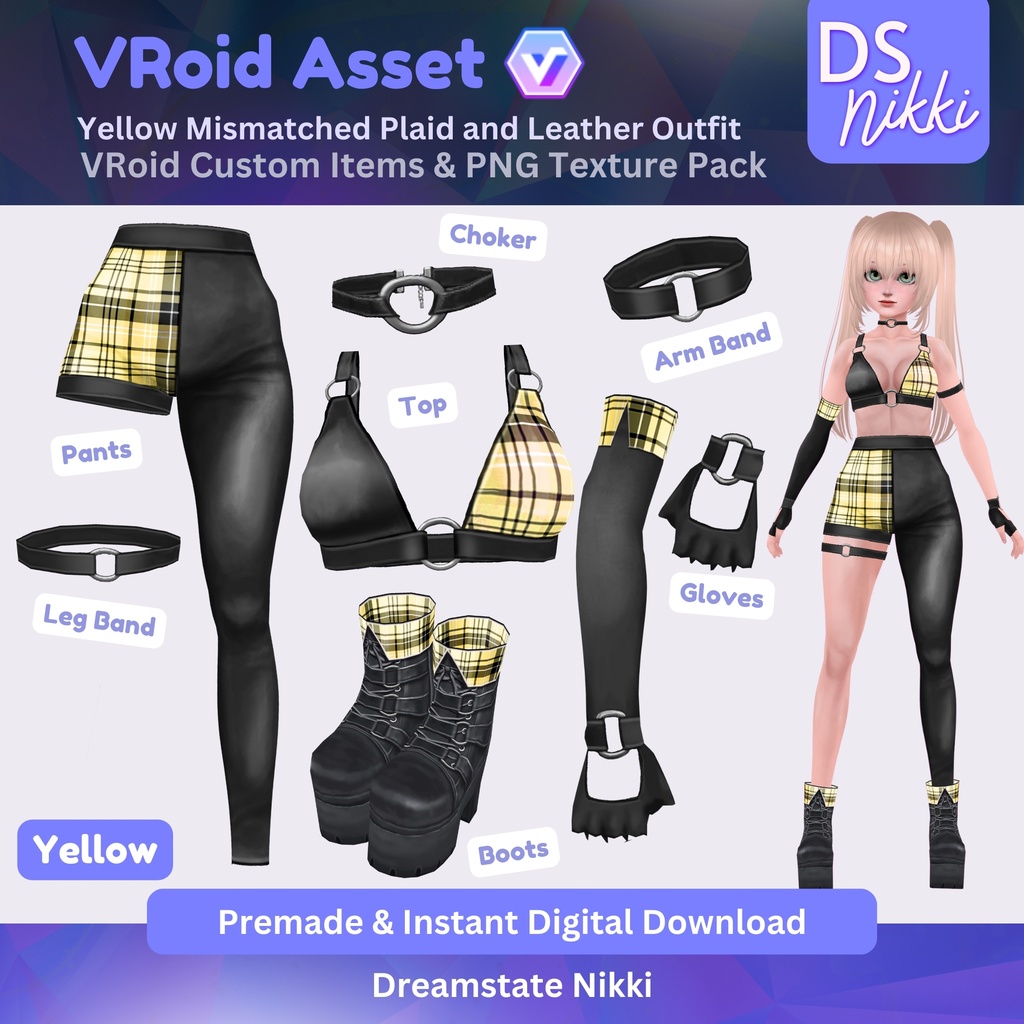 VRoid Studio Outfit – Yellow Mismatched Plaid and Leather Outfit, VRoid Custom Items & PNG Textures Pack, VTuber Clothes, Digital Asset