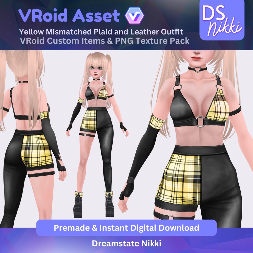 VRoid Studio Outfit – Yellow Mismatched Plaid and Leather Outfit, VRoid Custom Items & PNG Textures Pack, VTuber Clothes, Digital Asset