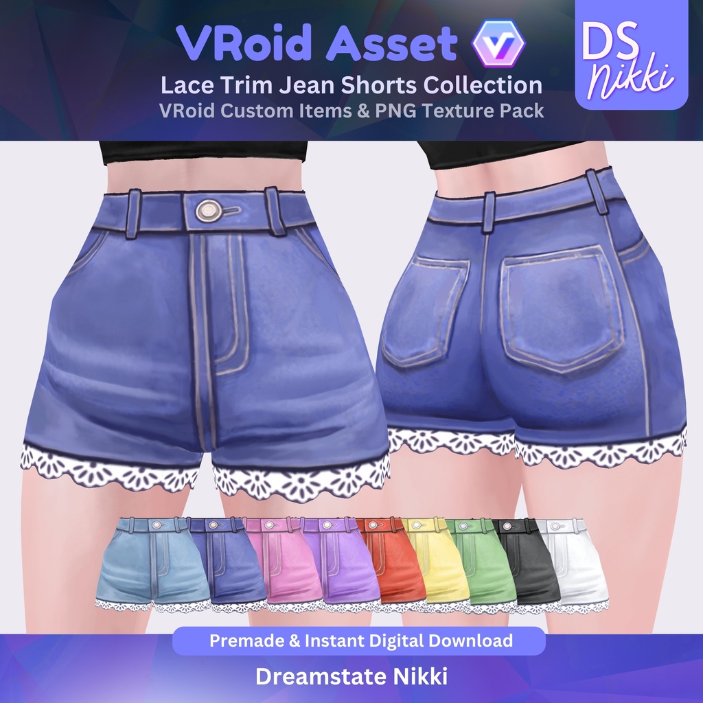 VRoid Studio Outfit – Stylish Lace Trim Jeans Shorts Set, VRoid Custom Items & PNG Textures Pack, VTuber Clothes, Digital Asset