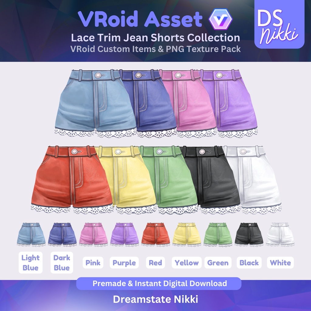 VRoid Studio Outfit – Stylish Lace Trim Jeans Shorts Set, VRoid Custom Items & PNG Textures Pack, VTuber Clothes, Digital Asset