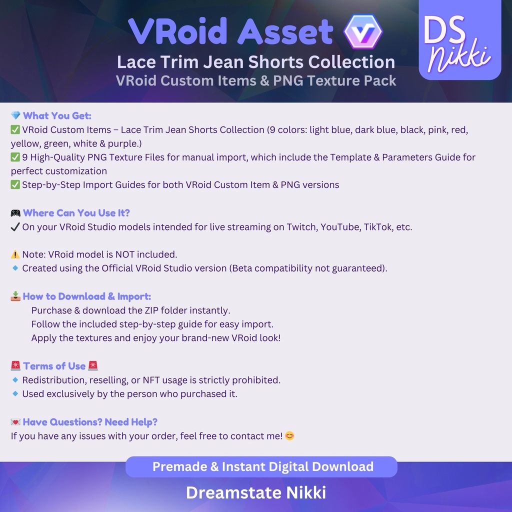 VRoid Studio Outfit – Stylish Lace Trim Jeans Shorts Set, VRoid Custom Items & PNG Textures Pack, VTuber Clothes, Digital Asset