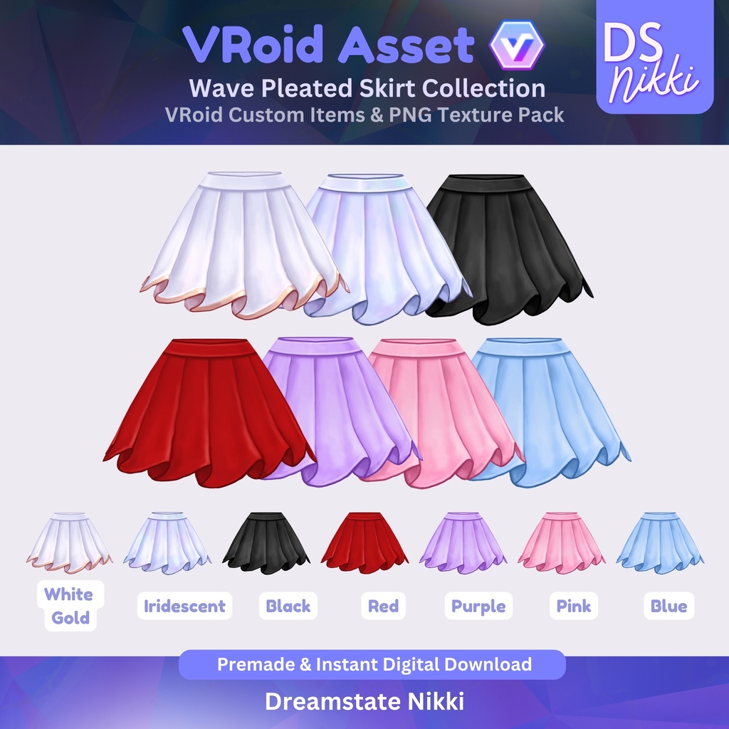 VRoid Studio Outfit – Stylish Wave Pleated Skirt Set, VRoid Custom Items & PNG Textures Pack, VTuber Clothes, Digital Asset