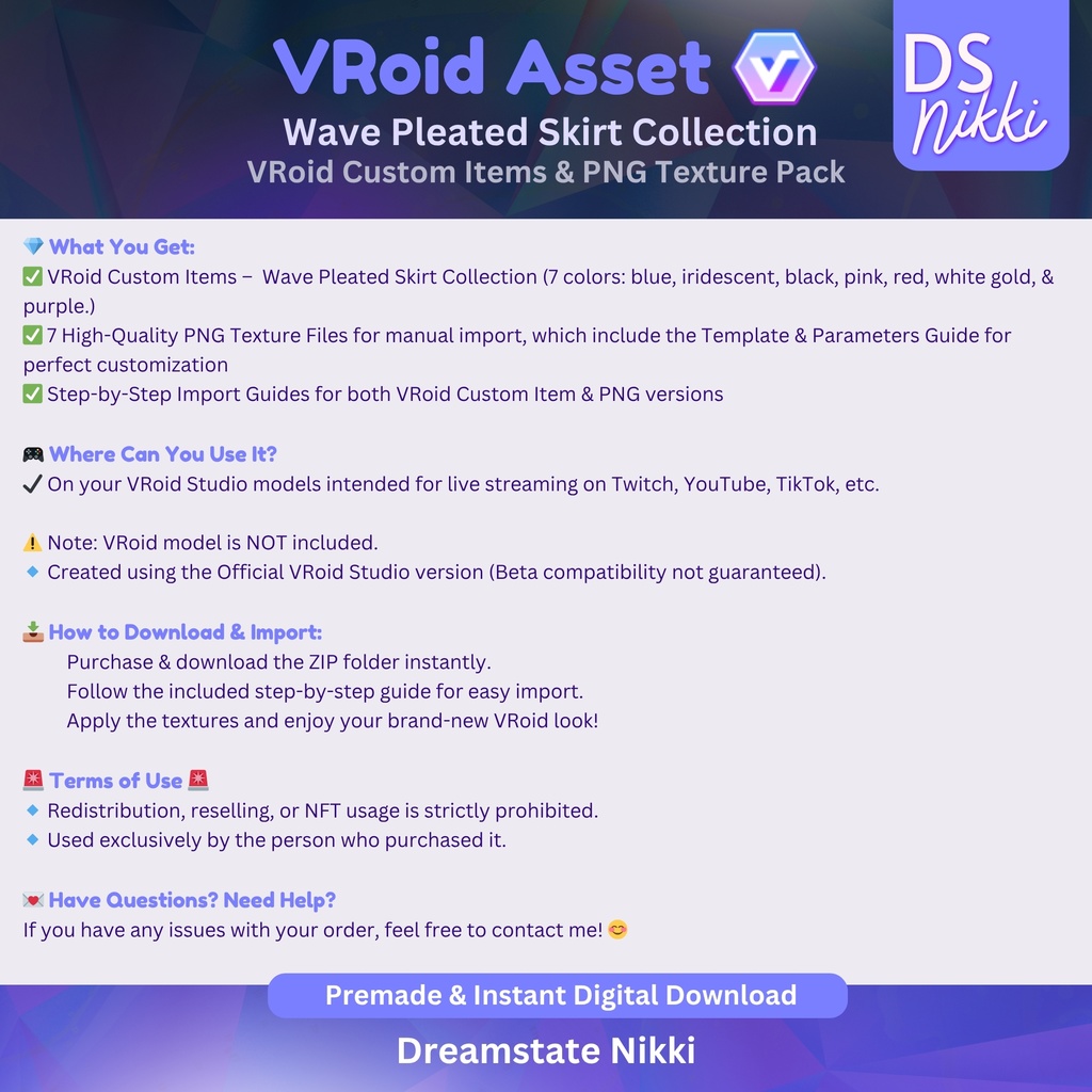 VRoid Studio Outfit – Stylish Wave Pleated Skirt Set, VRoid Custom Items & PNG Textures Pack, VTuber Clothes, Digital Asset