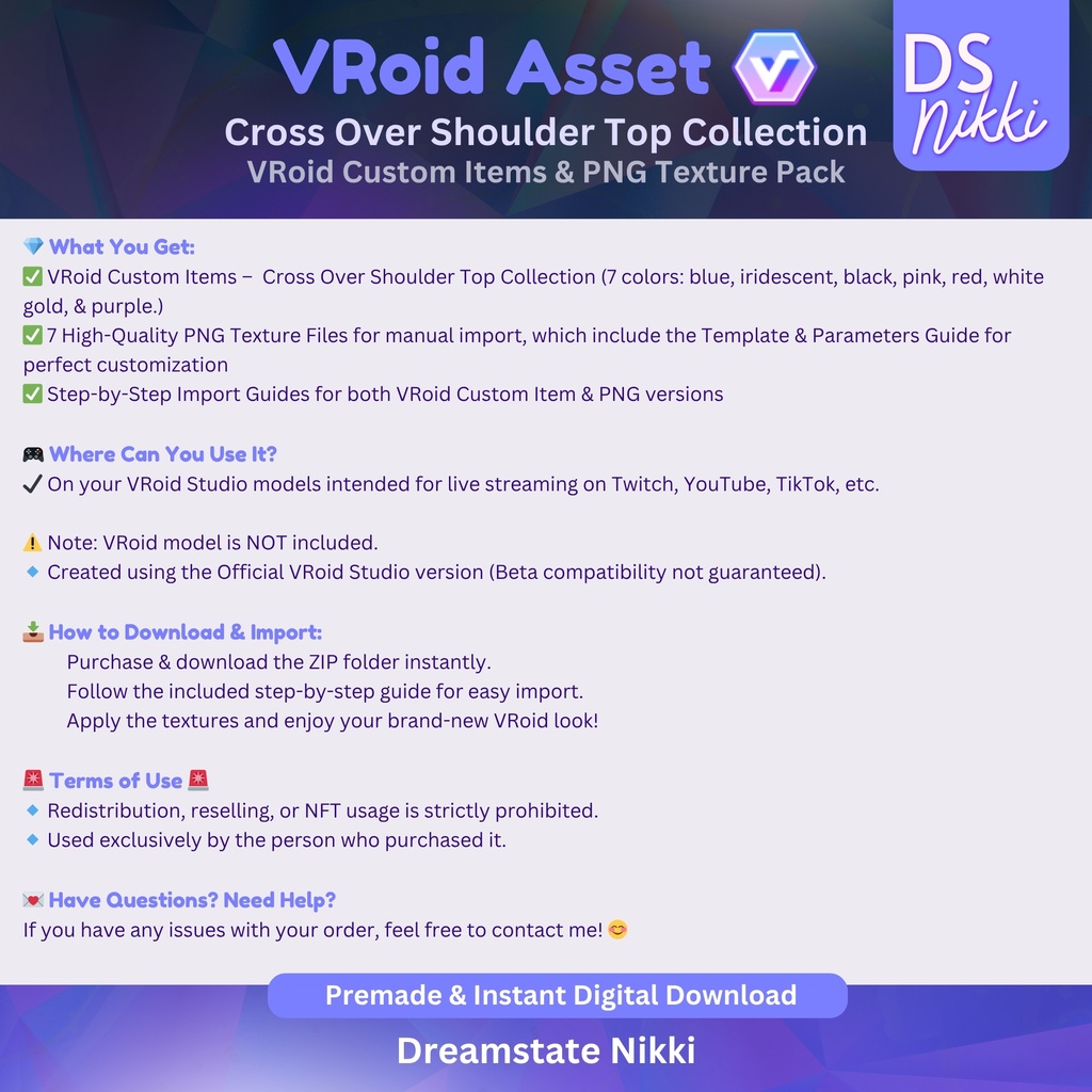 VRoid Studio Outfit – Stylish Cross Over Shoulder Top Set, VRoid Custom Items & PNG Textures Pack, VTuber Clothes, Digital Asset