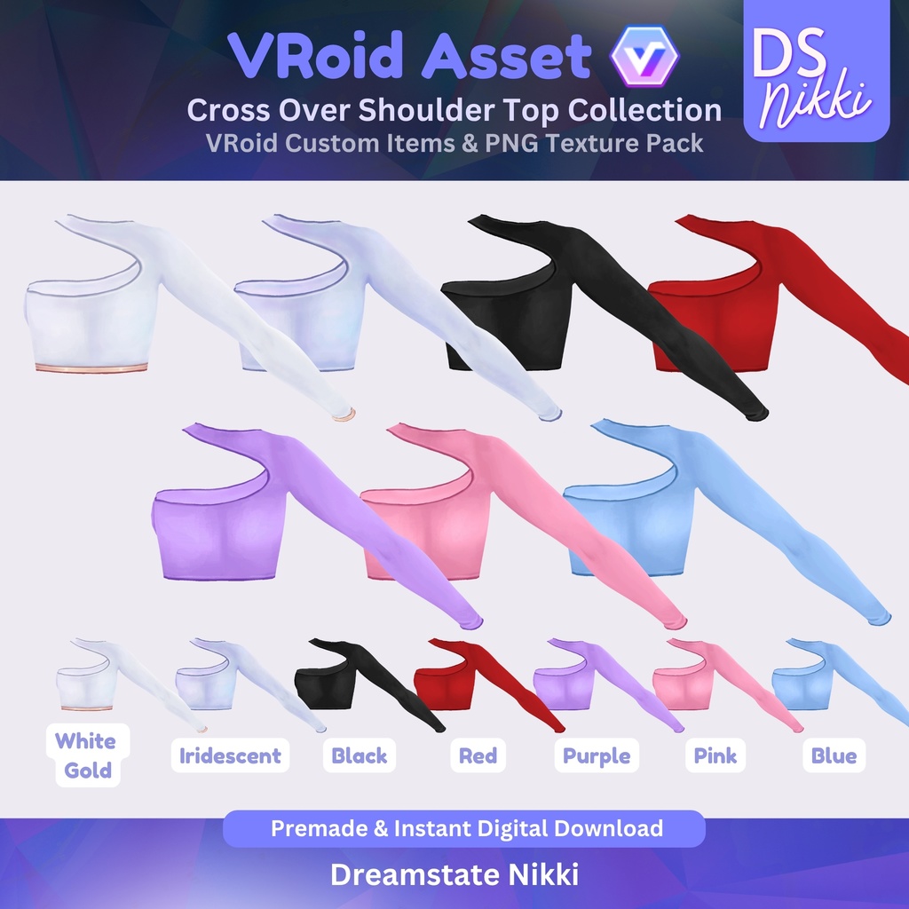 VRoid Studio Outfit – Stylish Cross Over Shoulder Top Set, VRoid Custom Items & PNG Textures Pack, VTuber Clothes, Digital Asset