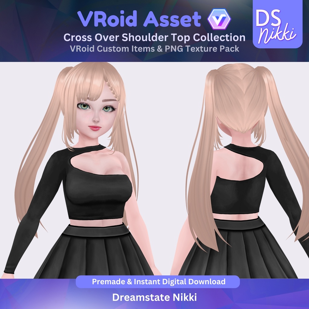 VRoid Studio Outfit – Stylish Cross Over Shoulder Top Set, VRoid Custom Items & PNG Textures Pack, VTuber Clothes, Digital Asset