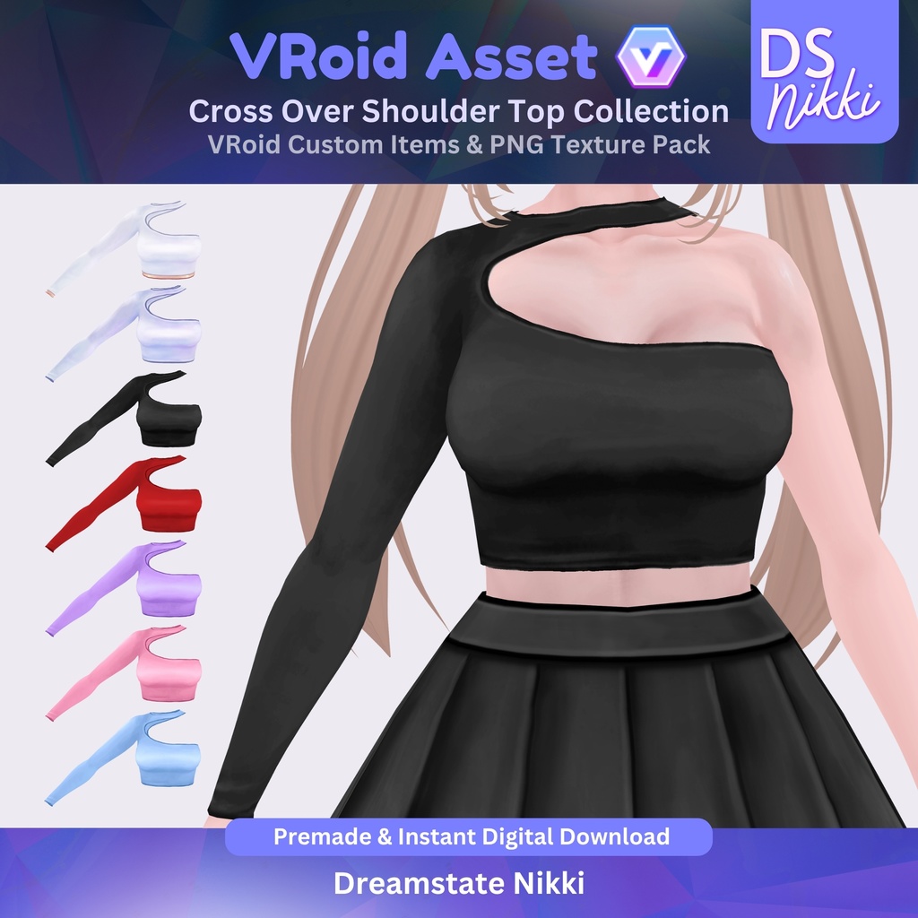 VRoid Studio Outfit – Stylish Cross Over Shoulder Top Set, VRoid Custom Items & PNG Textures Pack, VTuber Clothes, Digital Asset